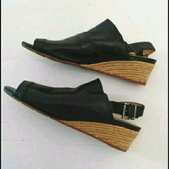 Nurture Black Leather Open Toe Wedge Comfort Sandals - Picture 4 of 7